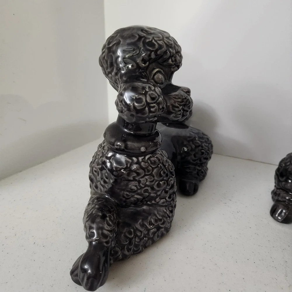 Vintage Mid Century Modern Gray Ceramic Shelf Poodles Dog Decor Signed Reiber